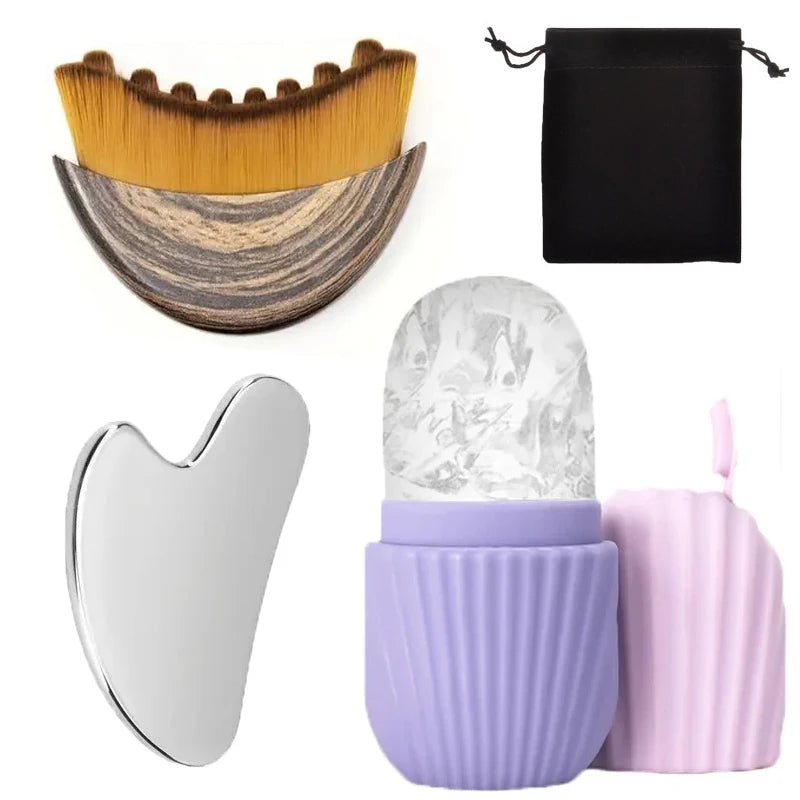 4/1Pcs Stainless Steel Gua Sha Board Ice Face Roller Lymphatic Drainage Face Brush Set Facial Massage Kit Beauty Skin Care Tools