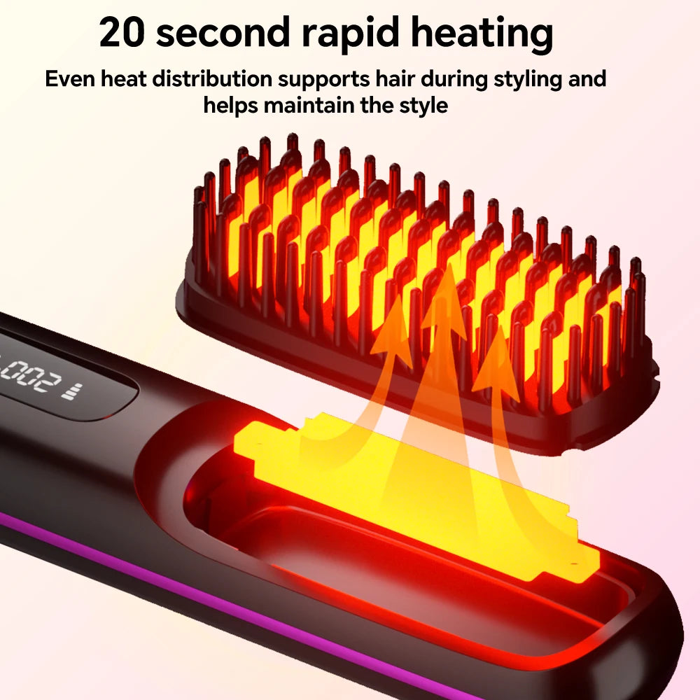 Hair Straightener Brush with 3 Temp Settings, Fast Heating & Auto-off, Portable Rechargeable Ionic Straightening Comb for Women