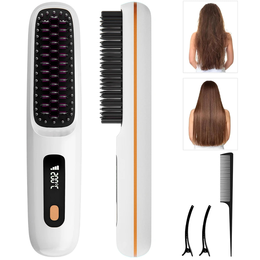 Hair Straightener Brush with 3 Temp Settings, Fast Heating & Auto-off, Portable Rechargeable Ionic Straightening Comb for Women