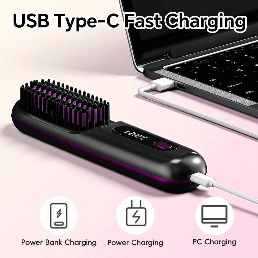 Hair Straightener Brush with 3 Temp Settings, Fast Heating & Auto-off, Portable Rechargeable Ionic Straightening Comb for Women
