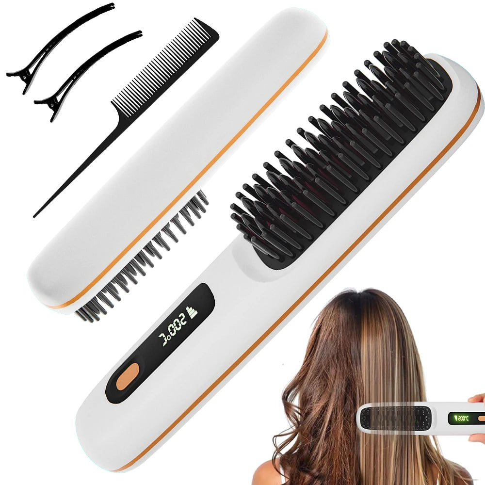 Hair Straightener Brush with 3 Temp Settings, Fast Heating & Auto-off, Portable Rechargeable Ionic Straightening Comb for Women