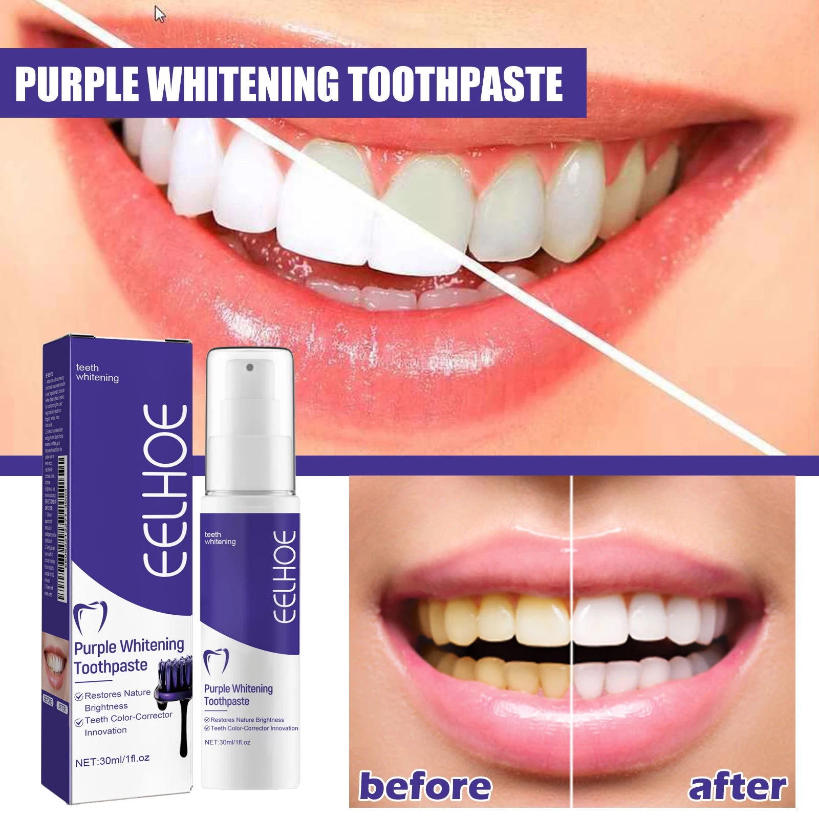 Purple Whitening Toothpaste Effectively Removing Dental Plaques and Yellow Stains Inhibit Bacteria Growth Oral Care Toothpaste